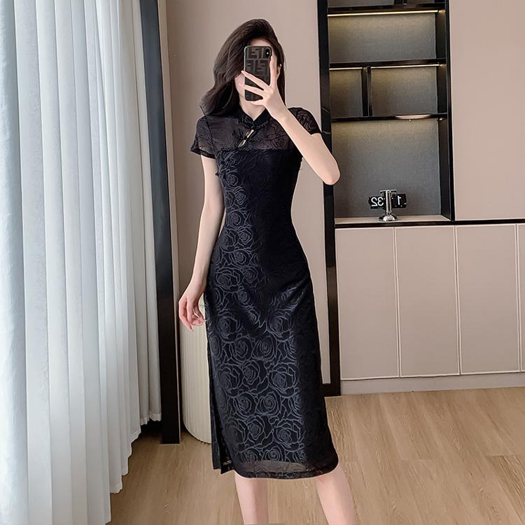 【最安値挑戦】パーティードレス チャイナドレス ローズ柄 薔薇 スリット入り タイトワンピ 半袖 ブラックドレス 黒 タイト ワンピース 膝丈 ひざ丈 wm4820217