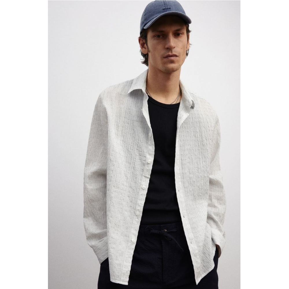 H&M ルーズフィットテクスチャーシャツ ホワイト/ストライプ