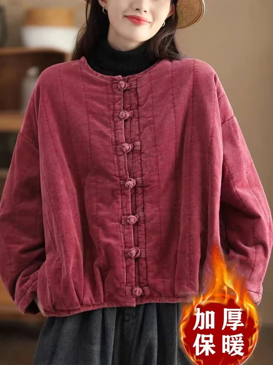 復古全綿細毛ジャケット綿コート今週の割引は 25% オフです女性重工炒め色厚手綿入れ皿ボタン綿入れ保温綿入れ