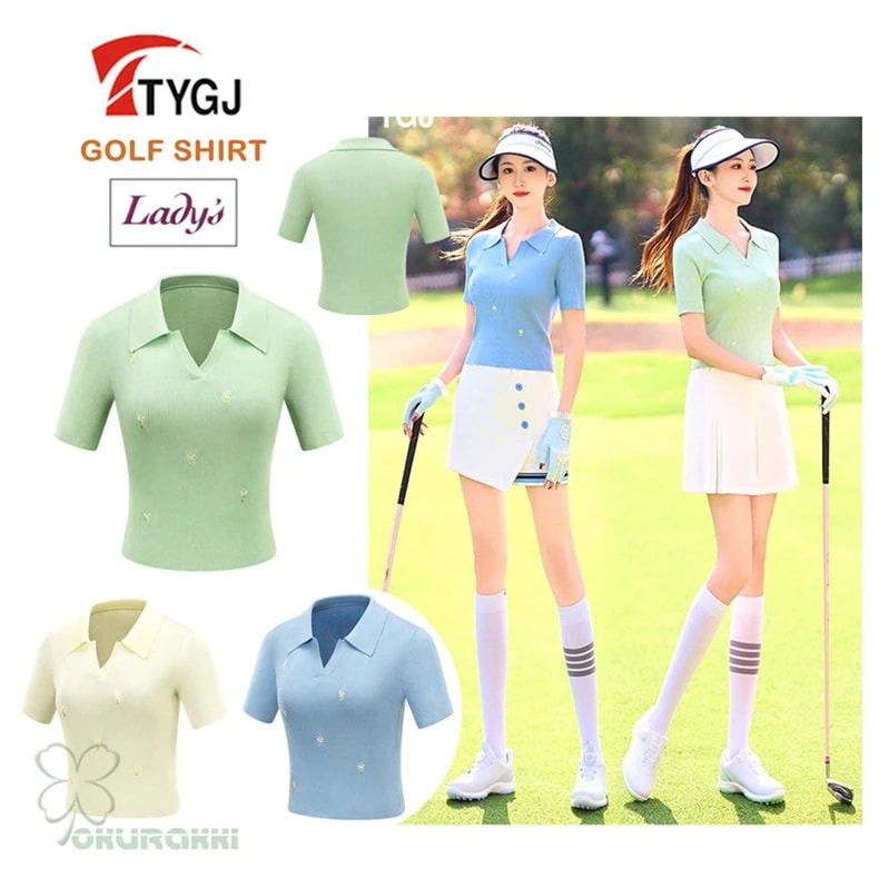 レディース ゴルフ ニット 半袖Tシャツ Vネック ハイウエスト ストレッチ スリム効果 スポーツトップス2506gfshirt10