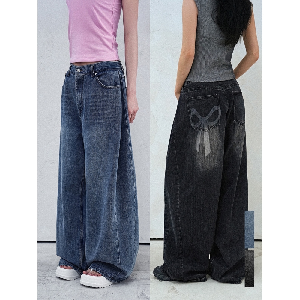 アヴァンドレスリボンインシジョンワイドデニムパンツ 2COL
