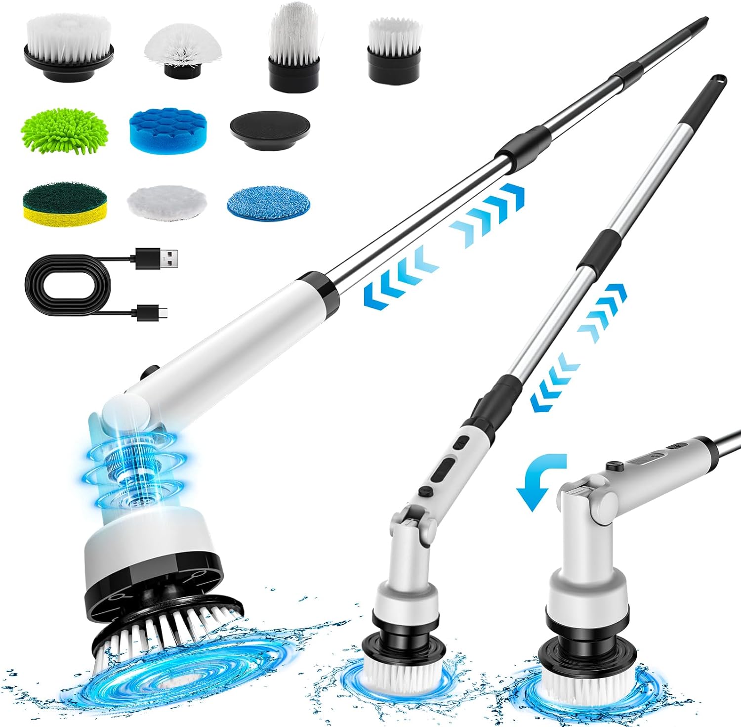 【新登場】電動お掃除ブラシ バスポリッジャー デッキブラシ 【10in1＆2600mAhバッテリー＆IPX7防水】9つの替えブラシ 長さと角度調整可能 USB充電式手持ち 軽量 操作簡単