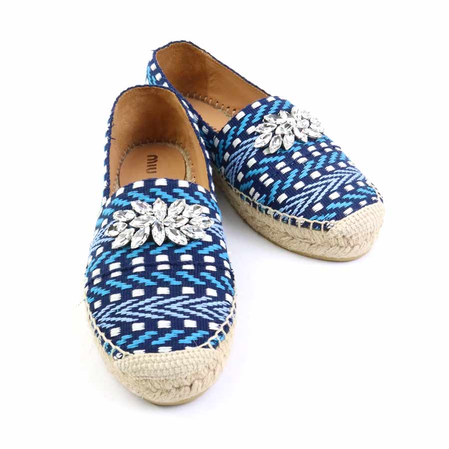 ミュウミュウ MIUMIU エスパドリーユ コットンキャンバス ブルー/ベージュ/シルバー レディース e59628k