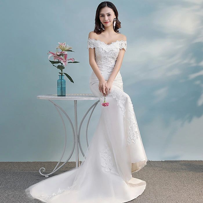 本日のプロモーションブライダル マーメイドライン ロングドレス ウェディングドレス 花嫁 二次会 結婚式 パーティーに合う フォーマルドレス オフショルダー 優雅 海外撮影 お嬢様 セミオーダー 編み