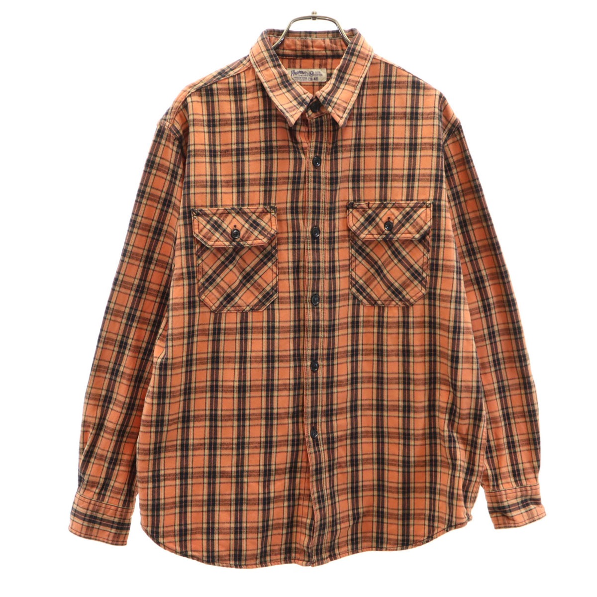 チェック柄 長袖 コットンシャツ M オレンジ メンズ 古着