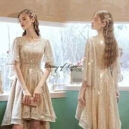 ミニドレス（カラードレス）ウェディングドレスアシンメトリーゴールドスパンコール結婚式ドレス花嫁ドレス二次会ドレスファスナー個性派海外ウエディング演奏会/結婚式/披露宴/海外拳式用カラードレス