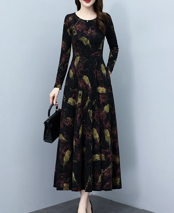 大きいサイズ フレアワンピース エレガント マキシ丈 冬 ピンク グリーン 長袖 美人 上品 総柄 ワンピース レディース ロング 40代 秋 大人かわいい 50代 厚手 ロングワンピース 30代