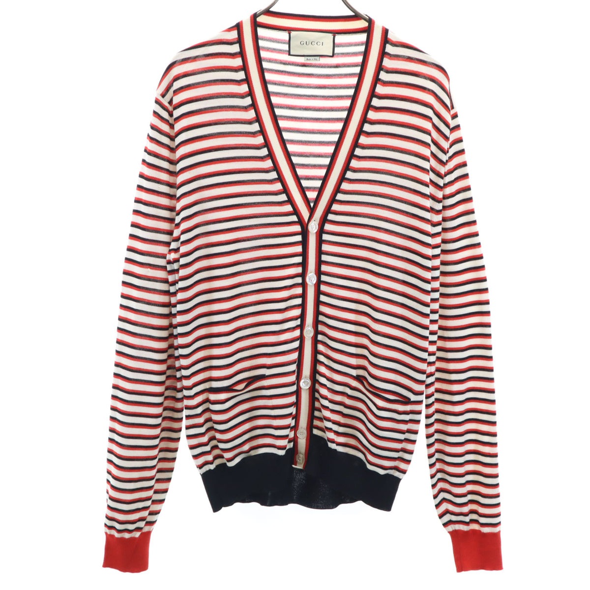 イタリア製 ボーダー柄 長袖 Vネック カーディガン L レッド メンズ 古着 24,211円