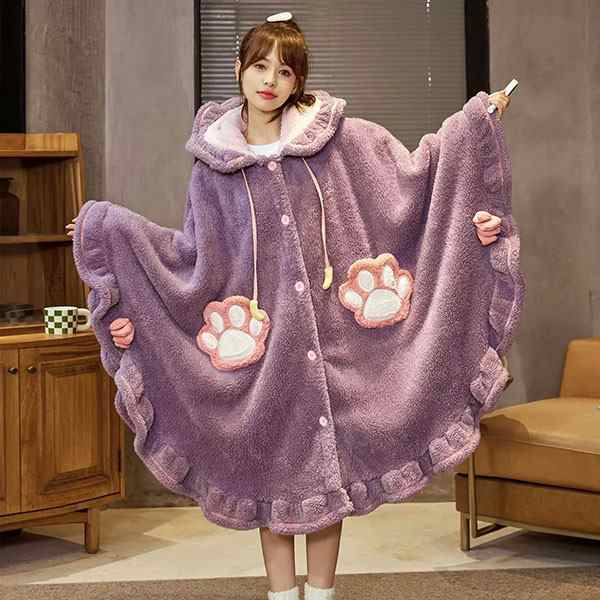 ルームウェア 韓国 可愛い おしゃれ レディース ワンピース マント 肉球 可愛い 寝巻き 尻尾付き フード パープル 紫 寝間着 もこもこ プレゼント バレンタイン
