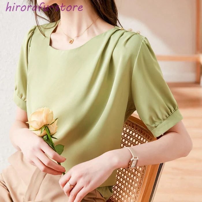 ブラウス サテン バルーン袖 レディース 半袖 不規則ネック 肩ギャザー プルオーバー トップス 春 夏 オフィスカジュアル 仕事