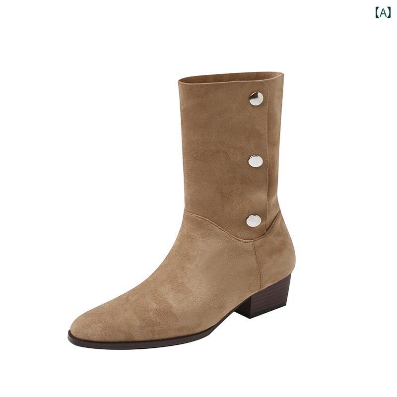 ロングブーツ レディース タイトフィット シンプル おしゃれ スタイルアップ 女性用 スリミング ウエスタン ヒープ ブーツ フレンチ アプリコット スエード プリーツ トール ナイト ブーツ 太い