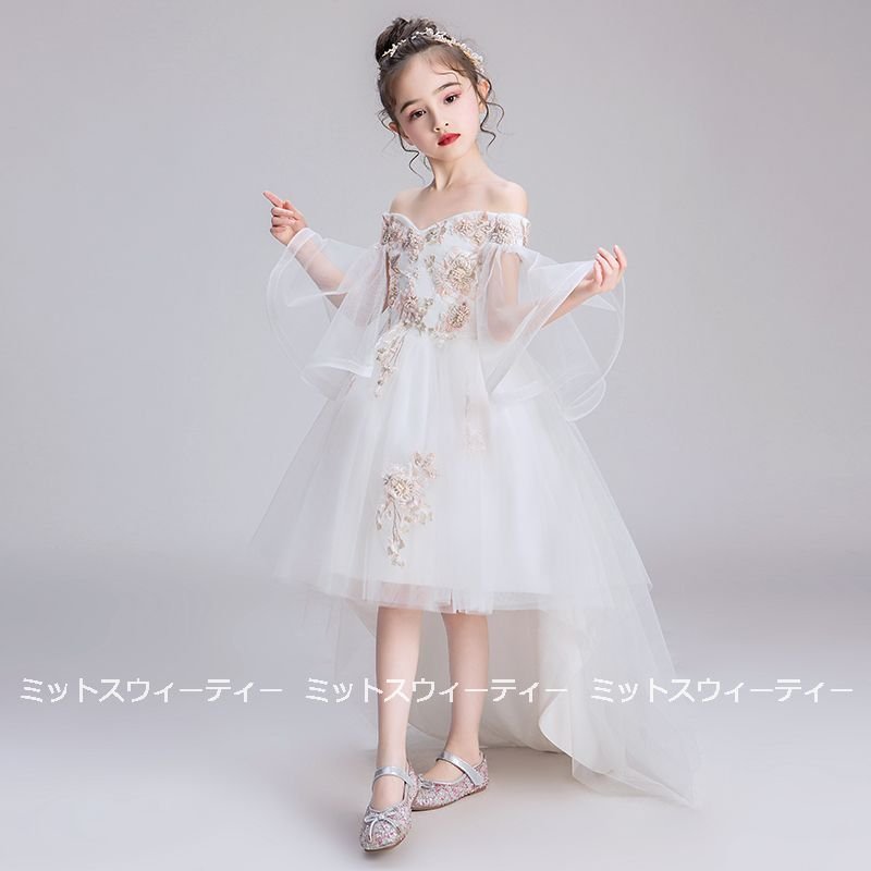 子供ドレス フォーマル 前ミニドレス オフショルダー ウェディングドレス キッズ 女の子 ピアノ発表