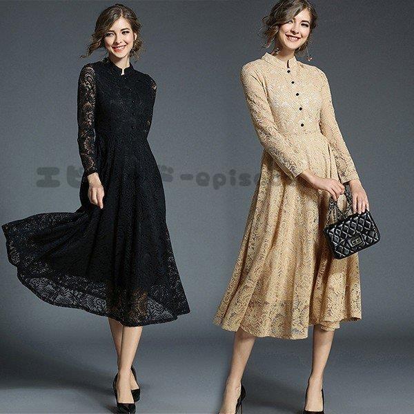 パーティードレス 大きいサイズ ロング丈 結婚式 40代 袖あり 長袖 秋 フォーマルドレス レースワンピース お呼ばれ 二次会 披露宴 謝恩会 上品 おしゃれ 着痩せ