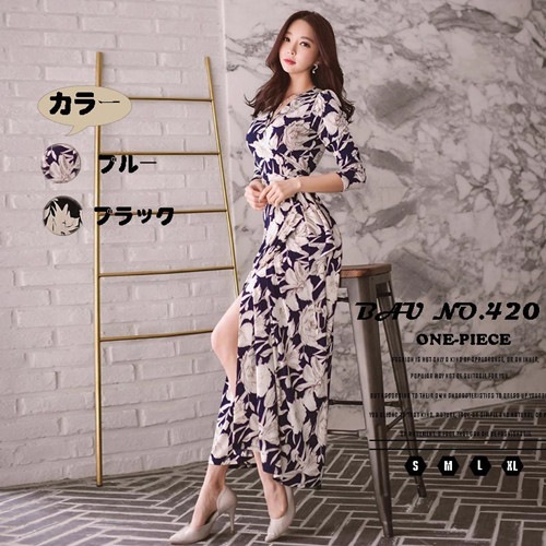 タイトワンピース 姫系 韓国 風 インポート きれいめ セクシー 長袖 Vネック 切り替え タイト スプリット花柄 柄物 ブラック ブルー着痩せ ロング丈 パーティドレス 通勤 エレガント 大人