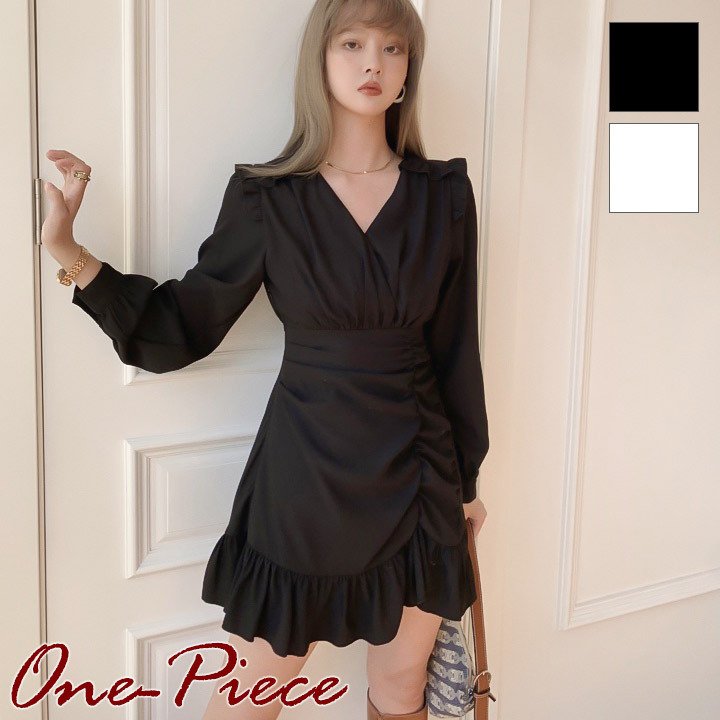 ワンピース ノーカラー Vネック シャーリング 長袖 ワンピ 韓国ファッション 総柄 タイト スリムフィット 美ライン シンプル フェミニン 【メール便】 バレンタイン 2025 プレゼント