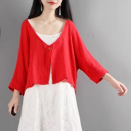 レディース トップス カーディガン ショート 7分袖 ラウンドネック フェミニン 前開き ボタン リネン 綿 コットン 麻 かわいい 大人可愛い きれいめ シンプル カジュアル おしゃれ レトロ