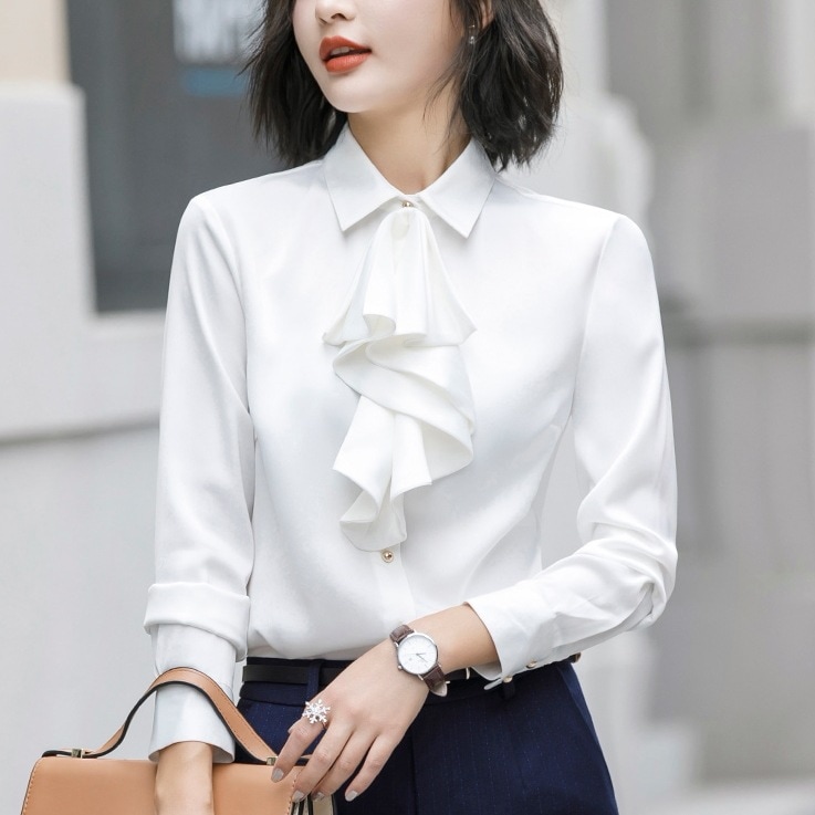 フリル付きシフォンシャツ ドレープシフォンシャツ フォーマルカジュアルシフォン 長袖シフォンシャツ トップス Tシャツ シャツ ブラウス カットソー 白シャツ 白トップス 袖あり 長袖 Vネック