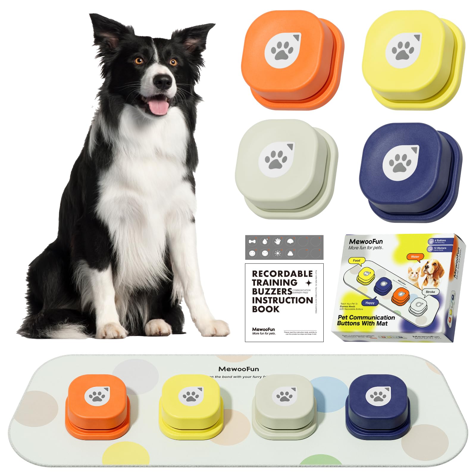 MEWOOFUN 犬用 録音ボタン 4個入り 会話ボタン 音声ボタン ベル コミュニケーション トレーニング しつけ訓練 ペット 知育 おもちゃ 天然ゴムマット付き 2.0バージョン