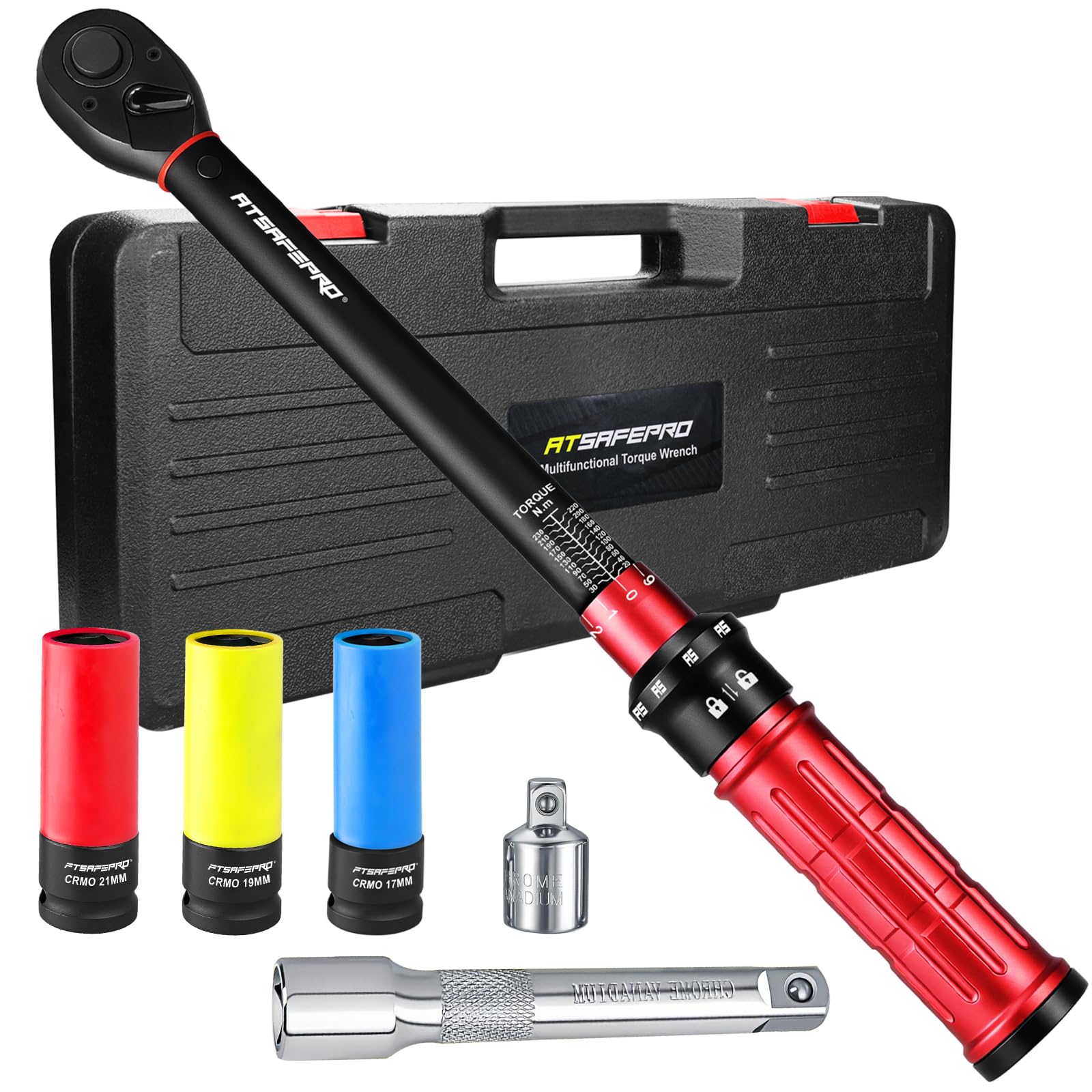 タイヤ交換 トルクレンチセット工具， 20-230 Nm 差込角12.7mm(1/2インチ) ・ソケット ディープ 17mm19mm21mm ，トルクレンチ 車 両用・バイク用・トラック用，校正証