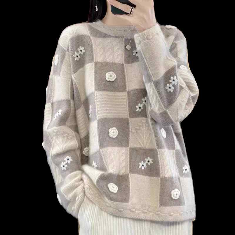 セーター レディース 秋冬 ラウンドネック トップス 模様編み ウール ニット 大きいサイズ 韓国 長袖 カジュアル 普段使い レジャー 花 かわいい ピンク アイボリー