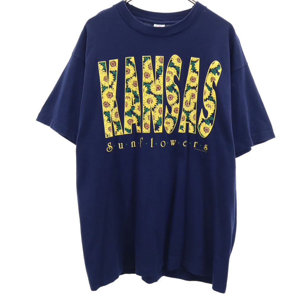 90s USA製 プリント 半袖 KANSAS ヒマワリ Tシャツ XL ネイビー系 オールド ヴィンテージ メンズ