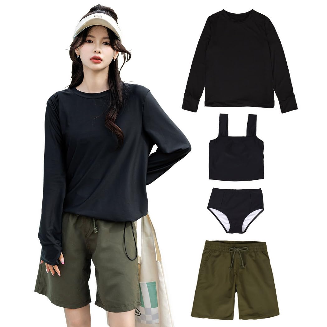 [Teddy] タンキニ水着 レディース 体型カバー 長袖シャツ ラッシュガード ハーフパンツ 4点セットビキニ hys2861 L(11号) ブラック×カーキ