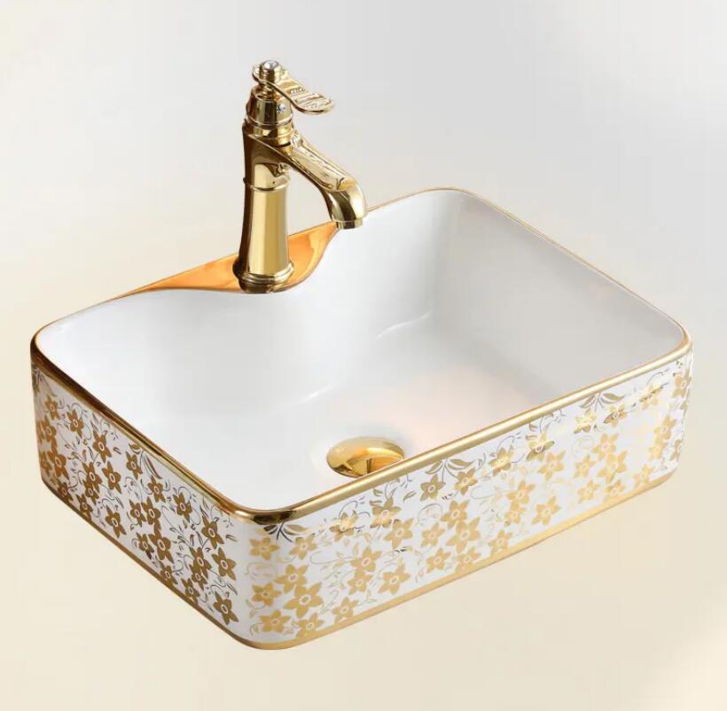 モダン手洗い洗面台セラミックゴールドカラーメッキカウンタートップバスルームシンク　手洗い洗面台　陶器洗面器