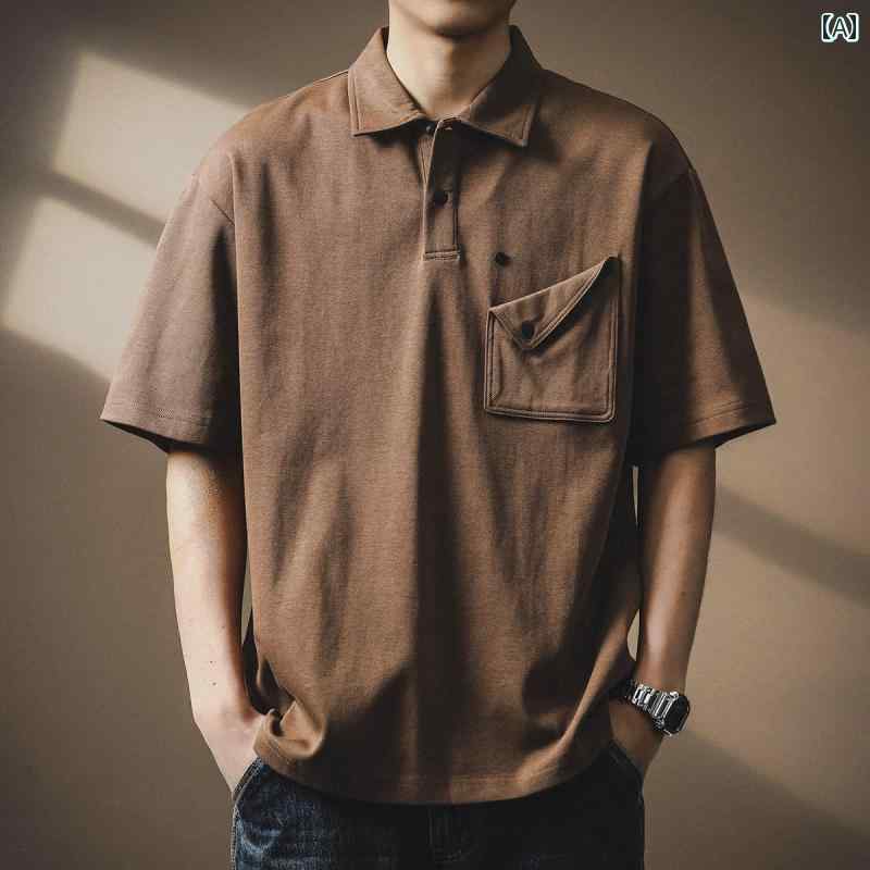 ポロシャツ 高級感 アメリカン ツイル 綿 ボタン ポケット 男性用 夏 ストリート 大きいサイズ カジュアル 半袖 トップス メンズ 都会的 レジャー