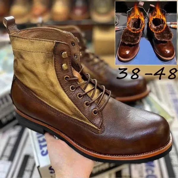 Mens Short Boots Retro Leather Boots Casual Lace-Up Leather Boots Ankle Boots Mens Warm Shoes Motorc