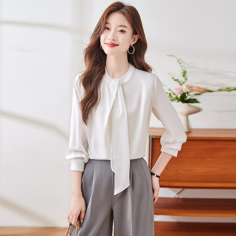 リボン シャツ レディース 春秋 ハイエンド 高級感 シフォン ラウンドネック フォーマル カジュアル フェミニンブラウス