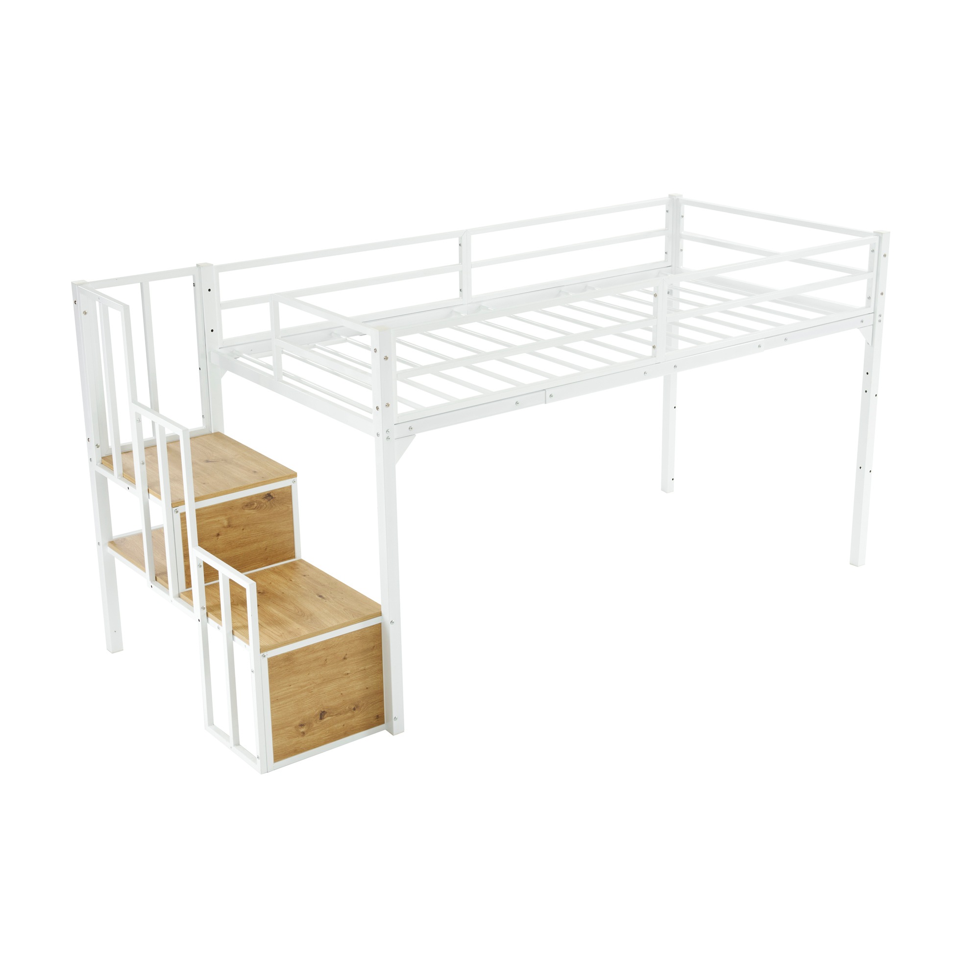 新作 　　ホワイト　ロフトベッド パイプベッド 階段付き シングルベッド ロータイプ ロフトベッドロータイプ 木 収納 北欧風 おしゃれ 子供部屋 スチール