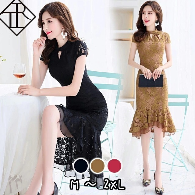 【2枚購入で100円OFF】【即納】パーティードレス 結婚式 ドレス ワンピース レディース 二次会 お呼ばれ パーティー 大きいサイズ ミディアム 半袖 総レース 花柄 フィッシュテール フォーマル