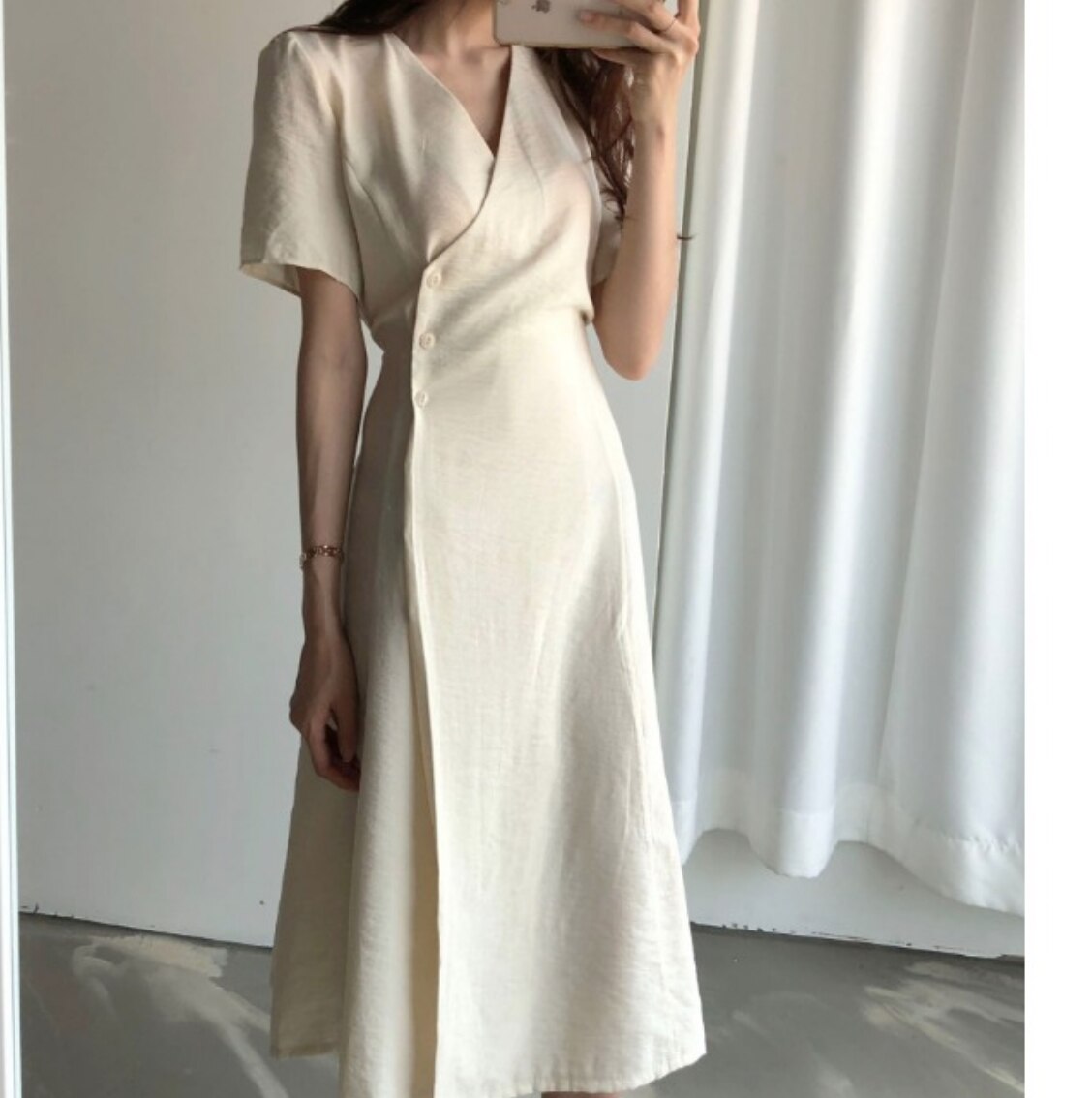 ワンピース ロング ロング丈 袖あり かわいい 大人可愛い きれいめ シンプル カジュアル 大人 Vネック カシュクール 半袖 ロング丈 無地 春夏 オフィス ネイビー アプリコット XL 韓国 5,202円