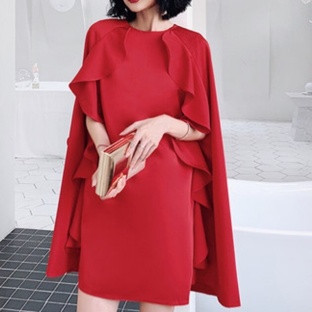 ワンピース ドレス レディース 膝上 フリル 個性的 存在感 モダン モード エレガント フリル かわいい 大人可愛い きれいめ シンプル 大人 上品 おしゃれ 無地 パーティー レッド ブラック
