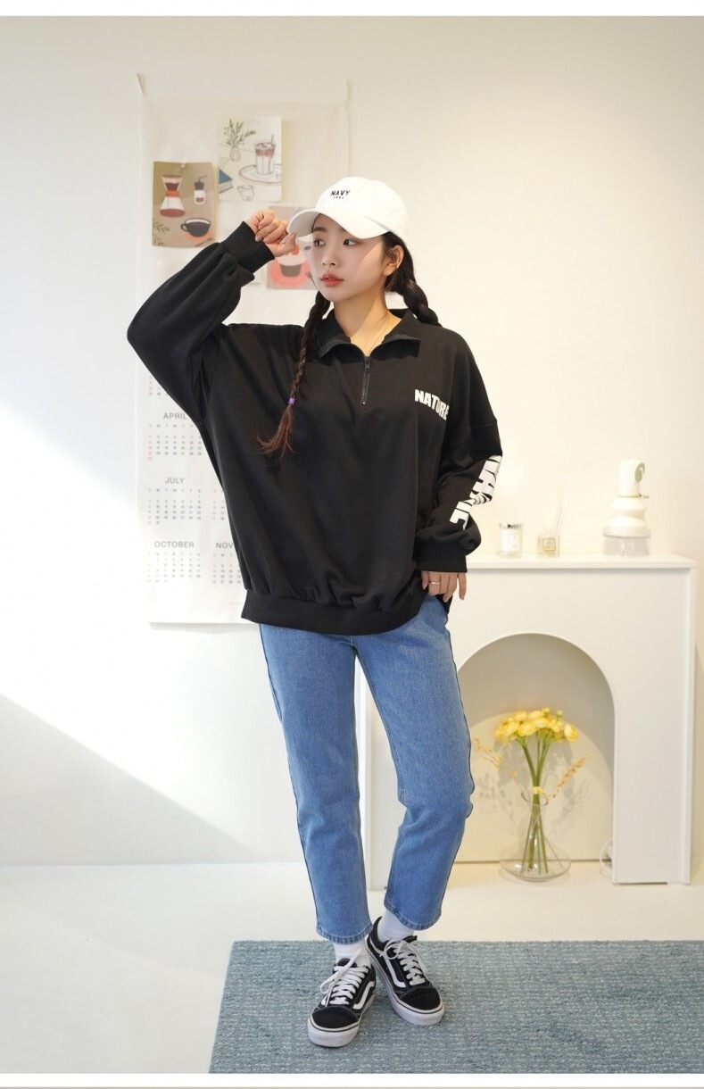 トップス プルオーバー トレーナー 長袖 ドロップショルダー ハイネック ジップアップ カジュアル かっこいい ラフ メンズライク マニッシュ ボーイッシュ スポーティー ルーズ クール プリント