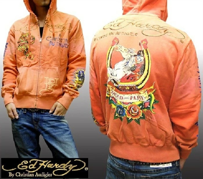 セール エドハーディー パーカー メンズ Ed Hardy Dead Or Alive ジップアップ オレンジ エドハーディー 正規品 インポート セレブ ファッション サファリ 雑誌 掲載 ブ