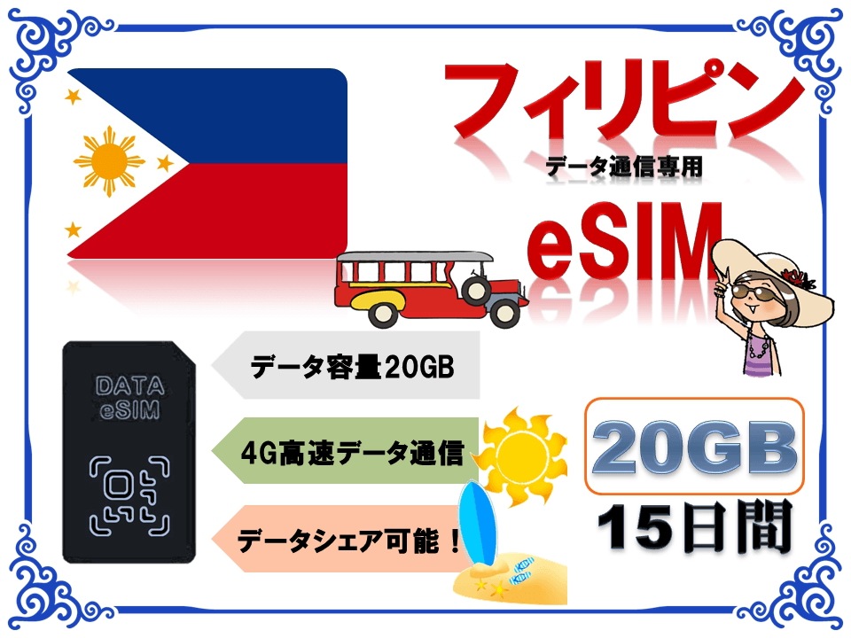フィリピンeSIM 海外eSIM SIMカード データ容量20GB 4G/LTE データ通信のみ可能 プリペイドeSIM フィリピン旅行 フィリピン出張