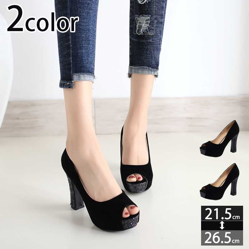 777円OFFクーポン オープントゥパンプス 痛くない 結婚式 キャバ 8/11cmヒール スパンコール 美脚サンダル 歩きやすい ハイヒール 太ヒール スエード 黒 厚底 靴 レディース ストーム