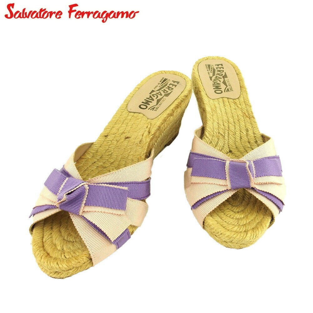 サンダル ミュール シューズ 靴 リボン レディース 6C ジュート ウェッジソール ピンク パープル ベージュ 中古