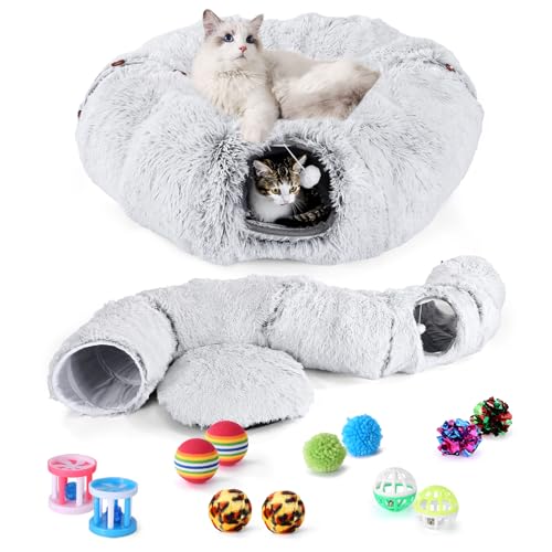 85cm 猫トンネルベッド ドーナツ型 160cm長いS型 キャットトンネル クッション付き ふわふわ 猫遊び 運動不足対策 折りたたみ可能 水洗い可能 小型犬 うさぎ 大型猫用おもちゃ グレー
