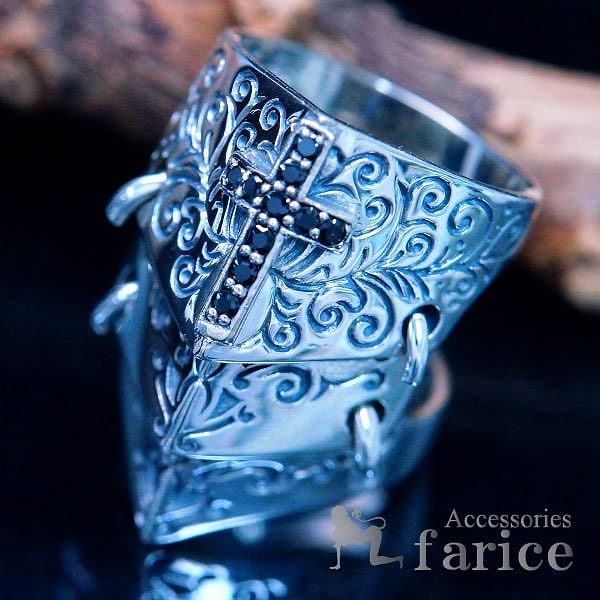 シルバーアクセサリー クロス 十字架 アラベスク ヨーロピアン ブラック ジルコニア CZ 指輪 メンズ ファランジ アーマー リング