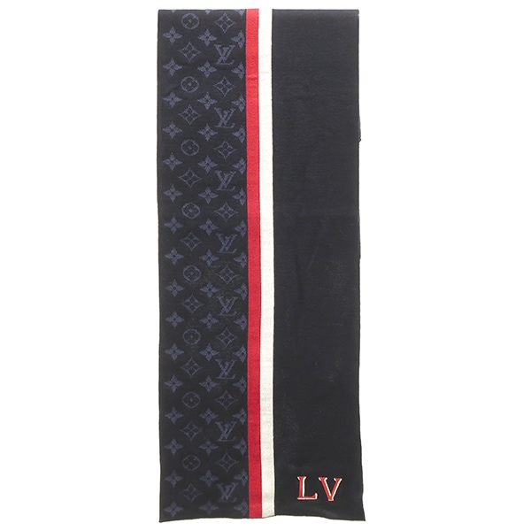 ルイヴィトン LOUIS VUITTON マフラー エシャルプ LV バーシティ ウール ネイビー S 紺 モノグラム M77936 MY3272 【箱】【中古】