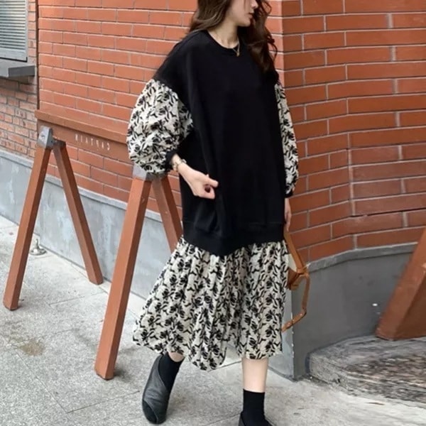 【超目玉アイテム】 秋服 プリント ハイウエスト ロング Aライン 花柄ワンピース 5,397円