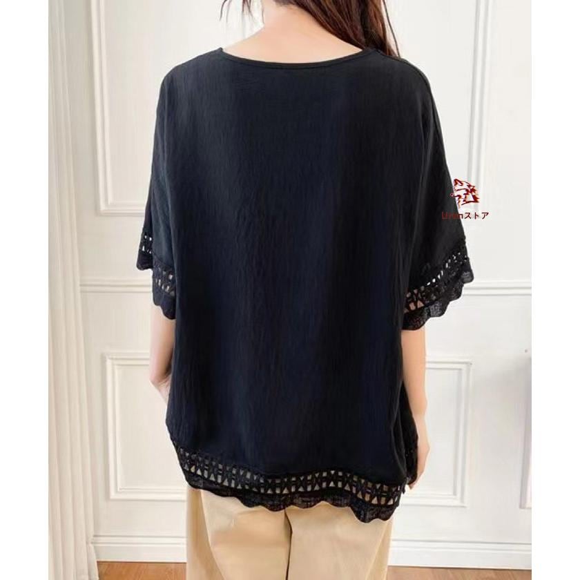 tシャツ レディース 半袖 カットソー 夏 ブラウス Tシャツ トップス 五分袖 ブラウス ロングTシャツ フリーサイズ ゆったり レース 無地 着痩せ オフィス 通勤