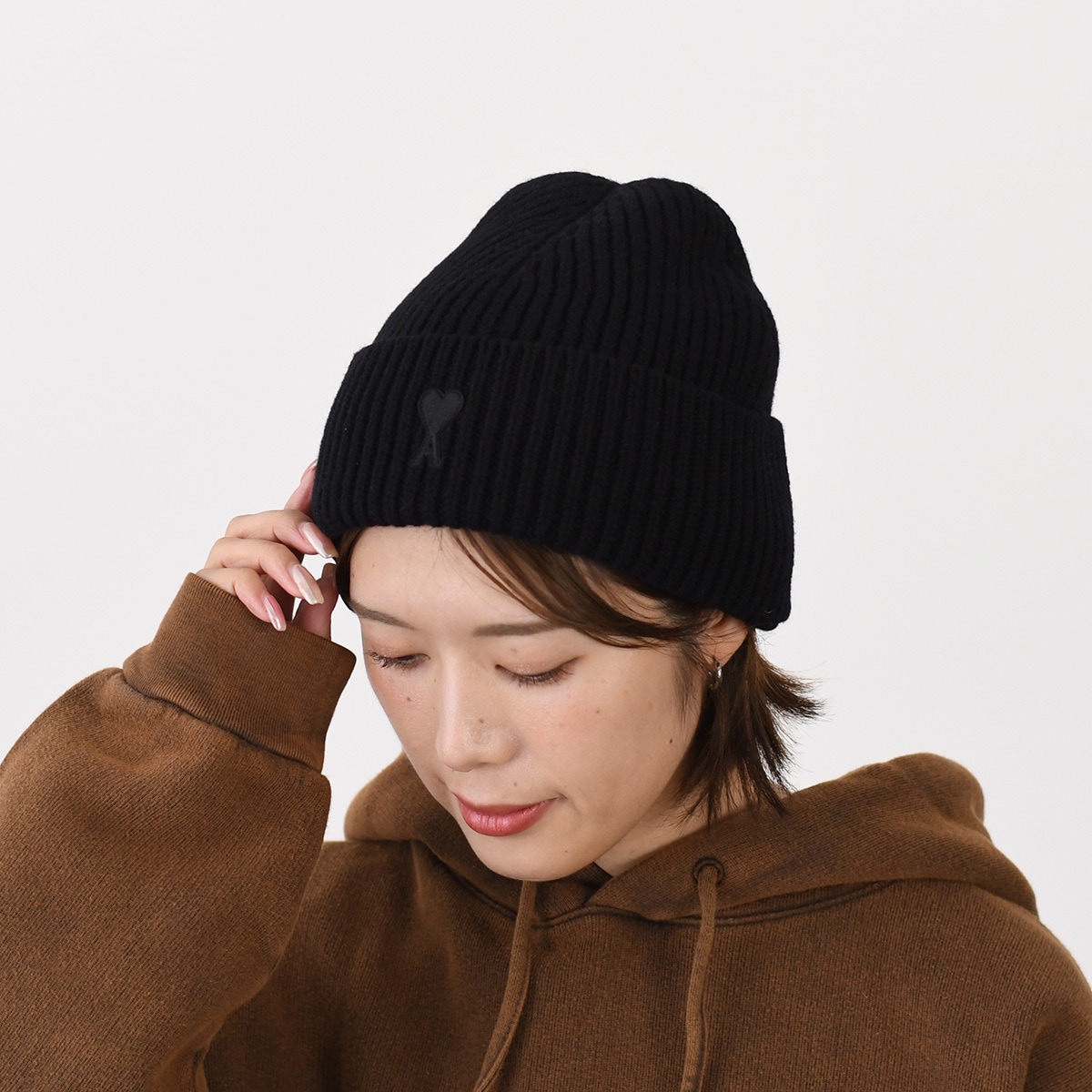 帽子 ニットキャップ ウール ビーニー UBO006 018 レディース ユニセックス ブラック リブ編み ロゴ