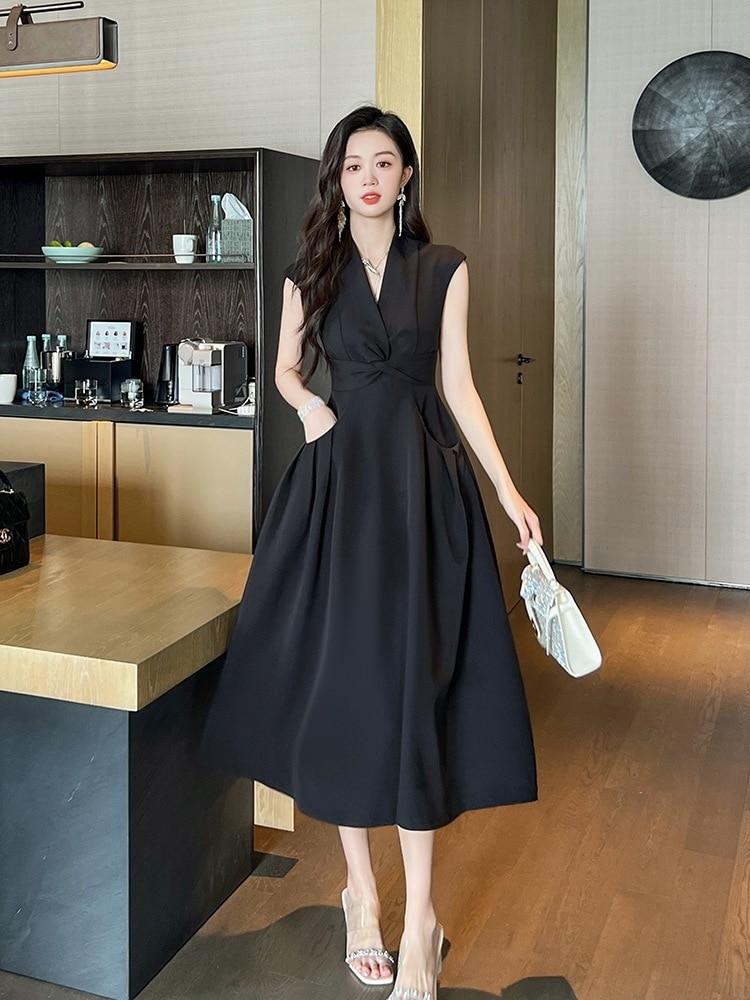 【JY.上品】 夏 Vネック ポケット付き ロングワンピース 袖なし ドレス パーティー キャバ 着痩せ 大人 お呼ばれ 同窓会 披露宴 卒業式 結婚式 ウェディング 二次会 成人式