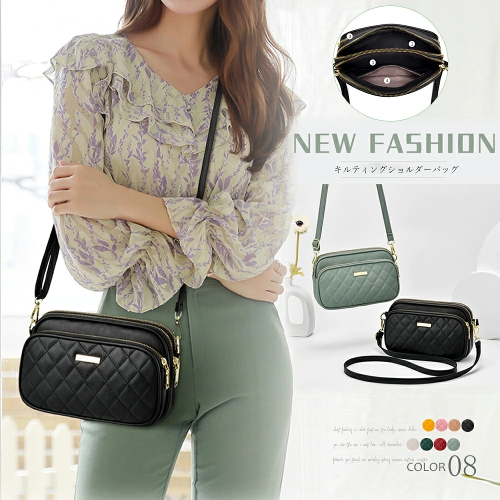 ショルダーバッグ レディース 斜めがけ キルティングバッグ 3ポケット コンパクトバッグ 軽量(T)