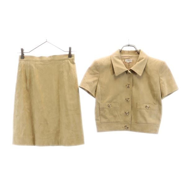 日本製 フェイクレザー スカートスーツ 上下セットアップ 40 ベージュ テーラードジャケット レディース