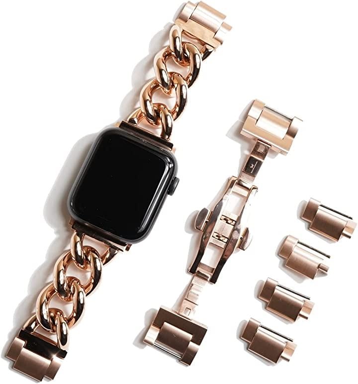 AppleWatch用 チャンキー チェーンベルト シルバー/ステンレス 工具不要 バタフライバックル 40mm 41mm 42mm(ピンクゴールド, 40mm 41mm 42mm)