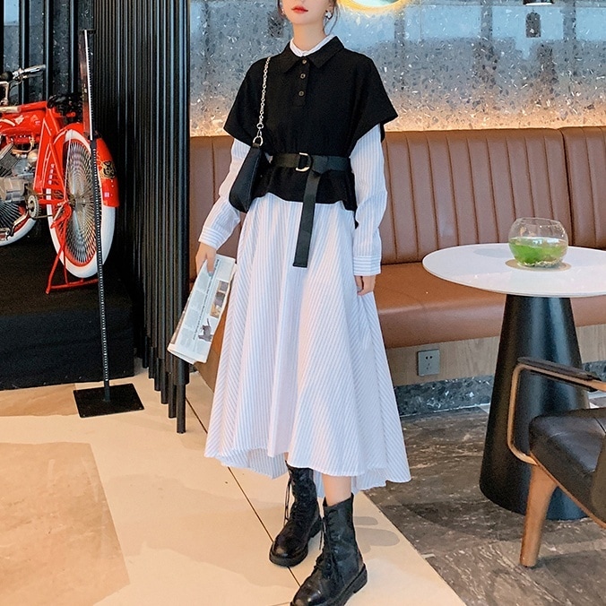 【着用レビュー】 セットアップ レディース L XL 2XL 3XL 4XL 韓国 トップス ワンピース ブラック ストライプ柄 フィッシュテール 2点セット ロングワンピース 半袖トップス ウエスト